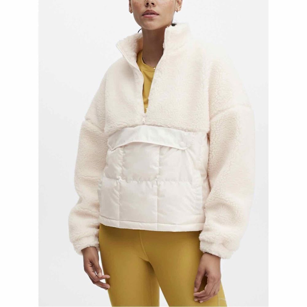 Fabletics Nelly Teddy Jacket Women XL Cream Mixed Media Pullover Half Zip Sherpa